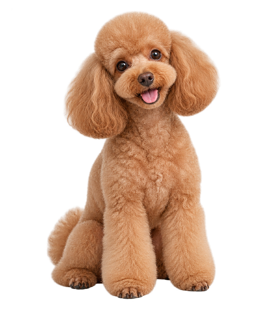 Poodle cor de damasco, recém-tosado, sentado e sorrindo